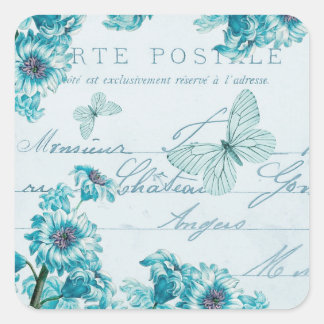 ブルーの花のフランス風フラワーヴィンテージステッカー スクエアシール