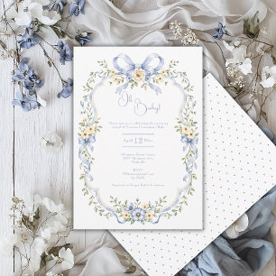 ブルーの花のフレームでおめでとう Oh Baby Blue Floral Frame 赤ちゃんのバー 招待状