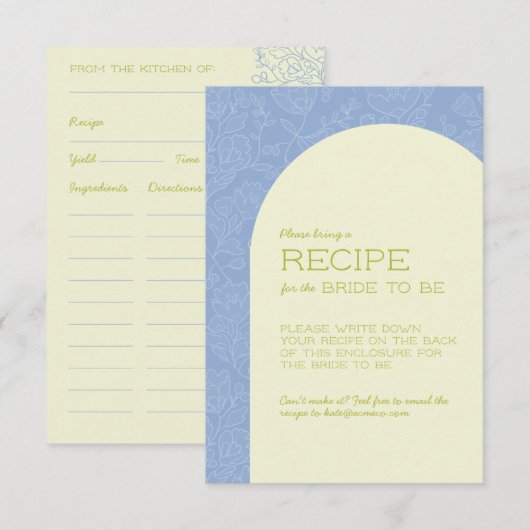 ブルーの花のブライダルシャワーレシピカード エンクロージャーカード (正面/裏面)