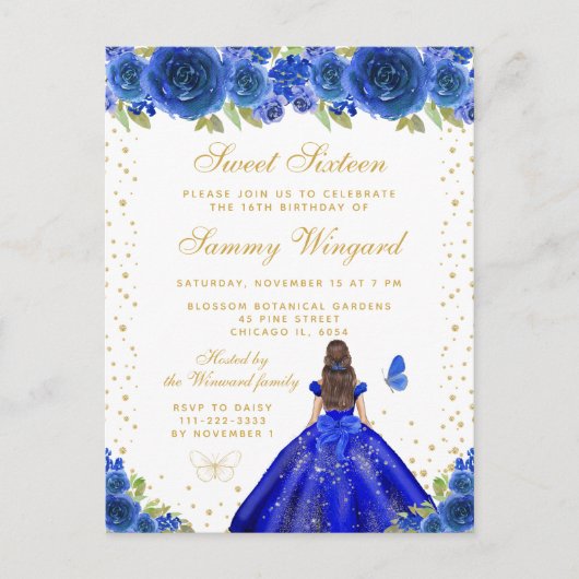 ブルーの花のプリンセス スイート16の誕生日 ポストカード (正面)