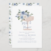 ブルーの花のペタルとプロセッコの花嫁シャワー 招待状 (正面/裏面)
