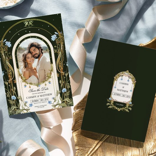 ブルーの花のユニークなSave the Dateフォト 招待状