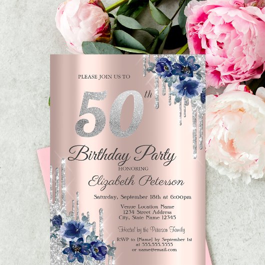 ブルーの花のラメ垂れ ローズゴールド 50歳の誕生日 招待状