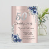 ブルーの花のラメ垂れ ローズゴールド 50歳の誕生日 招待状 (スタンド正面)