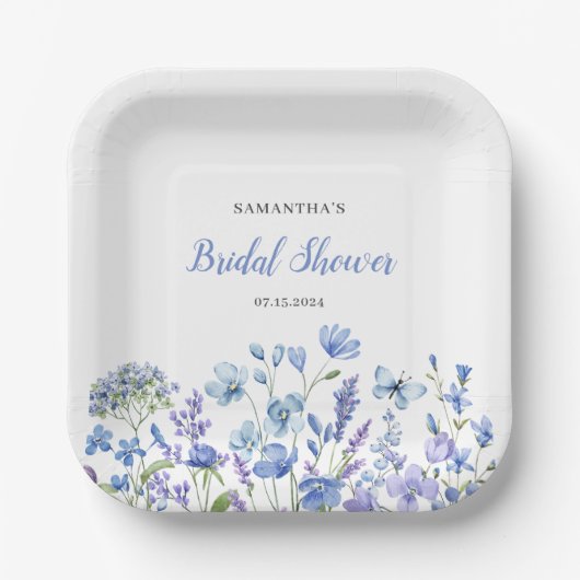 ブルーの花のワイルドフラワー水彩色のウェディングシャワーの装飾 ペーパープレート (正面)