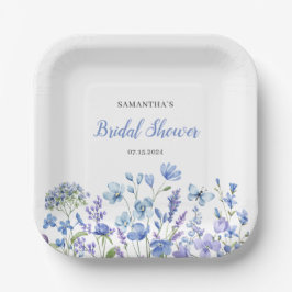 ブルーの花のワイルドフラワー水彩色のウェディングシャワー ペーパープレート