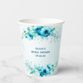 ブルーの花の水彩 個性的なプリンセスシャワー 紙コップ