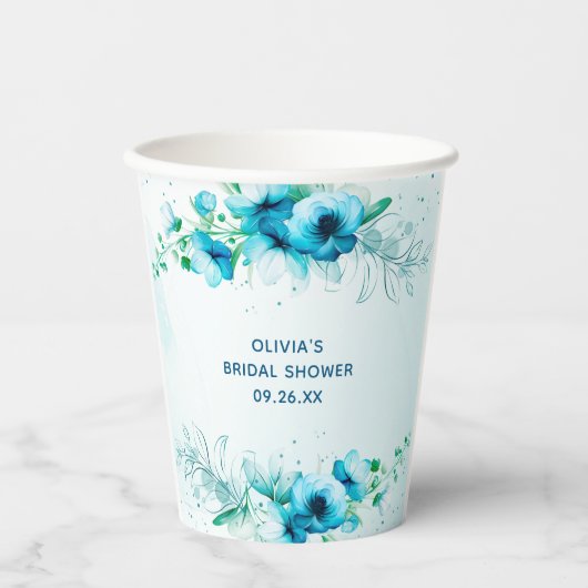 ブルーの花の水彩 個性的なプリンセスシャワー 紙コップ (正面)