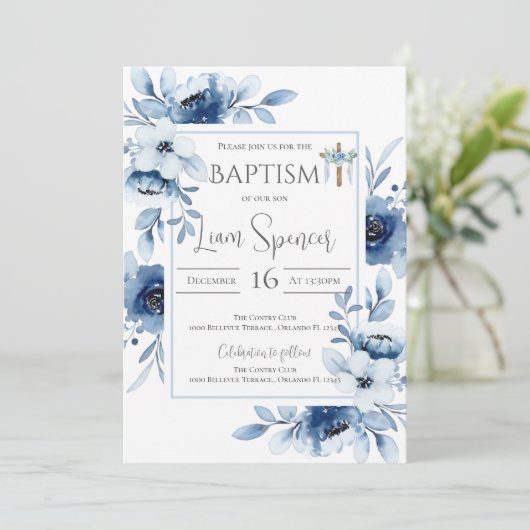 ブルーの花の男の子洗礼招待状 招待状 (スタンド正面)