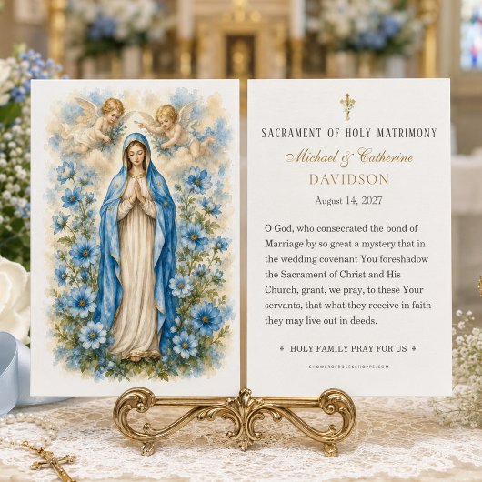 ブルーの花の聖母マリアのカトリック結婚式の祈りカード
