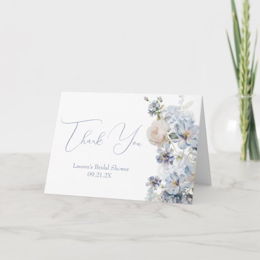 ブルーの花の花嫁のシャワー サンキューカード (正面)