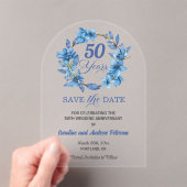 ブルーの花の金のフレーム 50回目の結婚記念日 アクリル招待状 (インサイチュ (ポータブル))