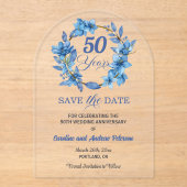 ブルーの花の金のフレーム 50回目の結婚記念日 アクリル招待状 (正面)