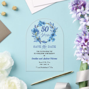 ブルーの花の金のフレーム 50回目の結婚記念日 アクリル招待状