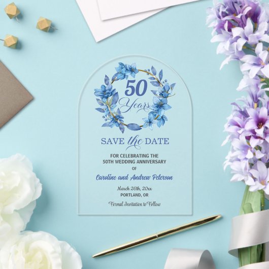 ブルーの花の金のフレーム 50回目の結婚記念日 アクリル招待状 (インサイチュ (ウェディング))