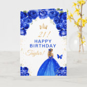 ブルーの花の金髪の女の子お誕生日おめでとう カード (黄色い花)