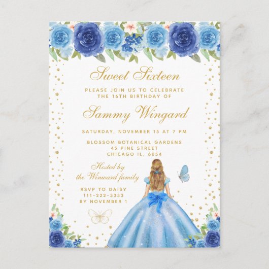 ブルーの花の金髪プリンセス スイート16 ポストカード (正面)