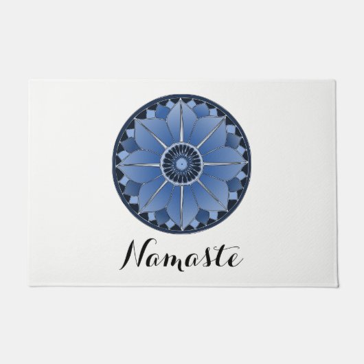 ブルーの花の霊的な蓮の曼荼羅 ホワイト NAMASTE ドアマット (正面)