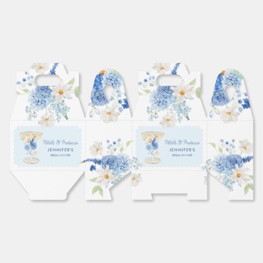 ブルーの花びらとプロセッコの花を飾ったブライダルシャワー フェイバーボックス (見開き)