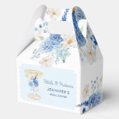 ブルーの花びらとプロセッコの花を飾ったブライダルシャワー フェイバーボックス (裏面)