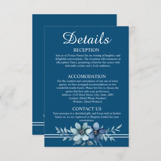 ブルーの花をあしらったイスラム教式の結婚式　詳細　案内カード 招待状 (正面/裏面)