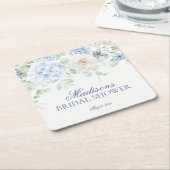 ブルーの花を飾ったハイドランジアの花嫁のシャワー スクエアペーパーコースター (アングル)