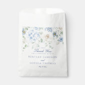 ブルーの花を飾ったハイドレンジアのウェディングスイーツ フェイバーバッグ (正面)