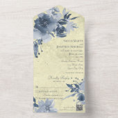 ブルーの花柄が入った、ダメージ加工された淡い黄色の生地にQRコード オールインワン招待状 (内側)