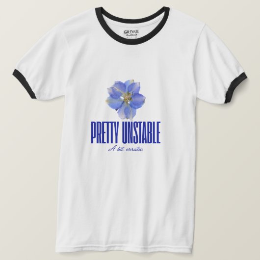 ブルーの花柄で個性を主張するTシャツ: Pretty Unstable Tシャツ (デザイン正面)