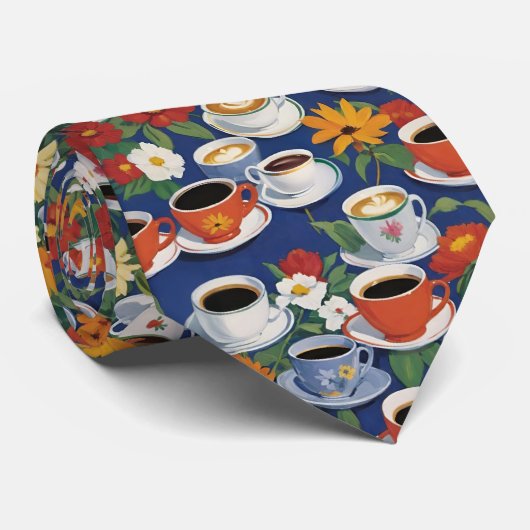 ブルーの花柄のコーヒー＆ティーカップ ティーセット ネクタイ (ロール)