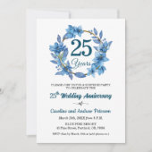 ブルーの花柄のサプライズ25周年記念結婚記念日 招待状 (正面)