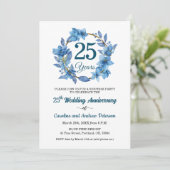 ブルーの花柄のサプライズ25周年記念結婚記念日 招待状 (スタンド正面)