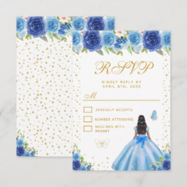 ブルーの花柄のダークスキンのプリンセスのスウィートシックスティーン 出欠カード