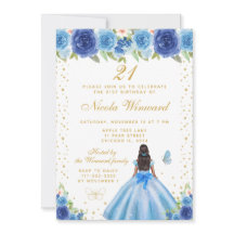 ブルーの花柄のダークスキンのプリンセスの誕生日パーティー