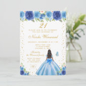 ブルーの花柄のダークスキンのプリンセスの誕生日パーティー 招待状 (スタンド正面)