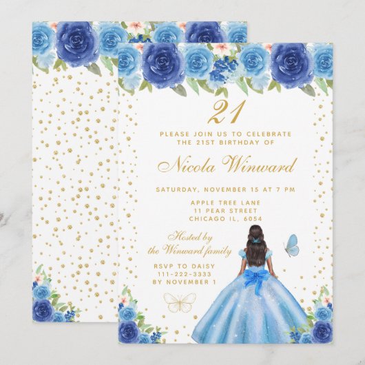 ブルーの花柄のダークスキンのプリンセスの誕生日パーティー 招待状 (正面/裏面)