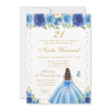 ブルーの花柄のダークヘアのプリンセスの誕生日パーティー