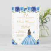 ブルーの花柄のダークヘアのプリンセスの誕生日パーティー 招待状 (スタンド正面)