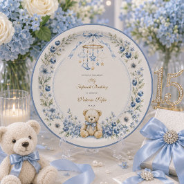 ブルーの花柄のテディベアの15歳の誕生日パーティー ペーパープレート