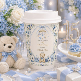 ブルーの花柄のテディベアの15歳の誕生日パーティー 紙コップ
