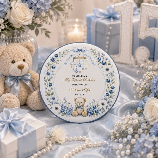 ブルーの花柄のテディベアの15歳の誕生日パーティー 缶バッジ