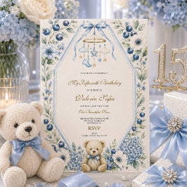 ブルーの花柄のテディベア 15歳の誕生日パーティー 招待状