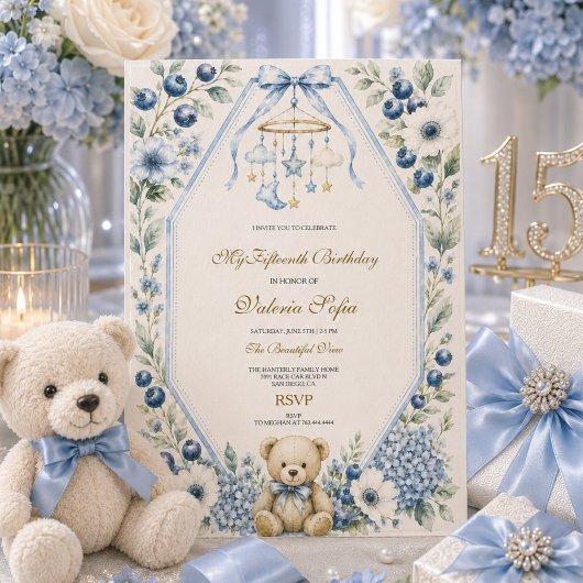 ブルーの花柄のテディベア 15歳の誕生日パーティー 招待状