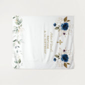 ブルーの花柄の双子の男の子 1歳の誕生日 洗礼 タペストリー (正面(横))