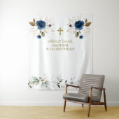 ブルーの花柄の双子の男の子 1歳の誕生日 洗礼 タペストリー (インサイチュ)