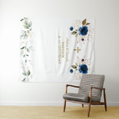 ブルーの花柄の双子の男の子 1歳の誕生日 洗礼 タペストリー (インサイチュ(横))