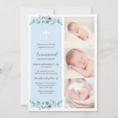 ブルーの花柄の多角写真　男子の洗礼 招待状 (正面)