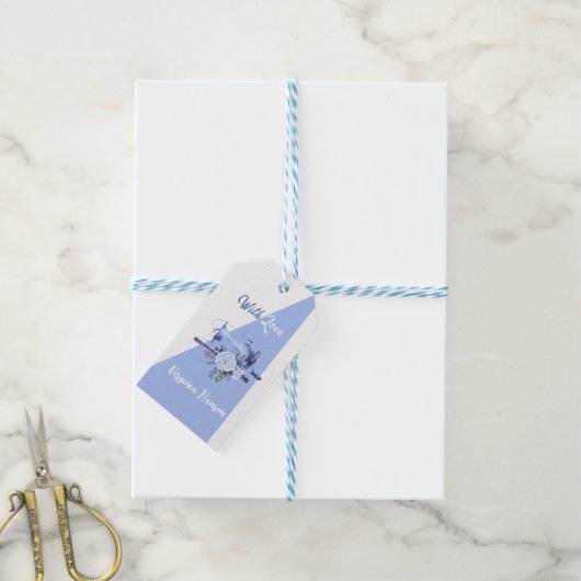 ブルーの花柄の愛に満ちた縫製機 ギフトタグ (より糸付き)