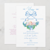 ブルーの花柄の紋章 イースターバニー男の子ベイビーシャワー 招待状 (正面/裏面)