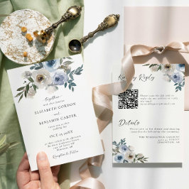 ブルーの花柄の結婚式のエレガントな水彩QRコード 招待状